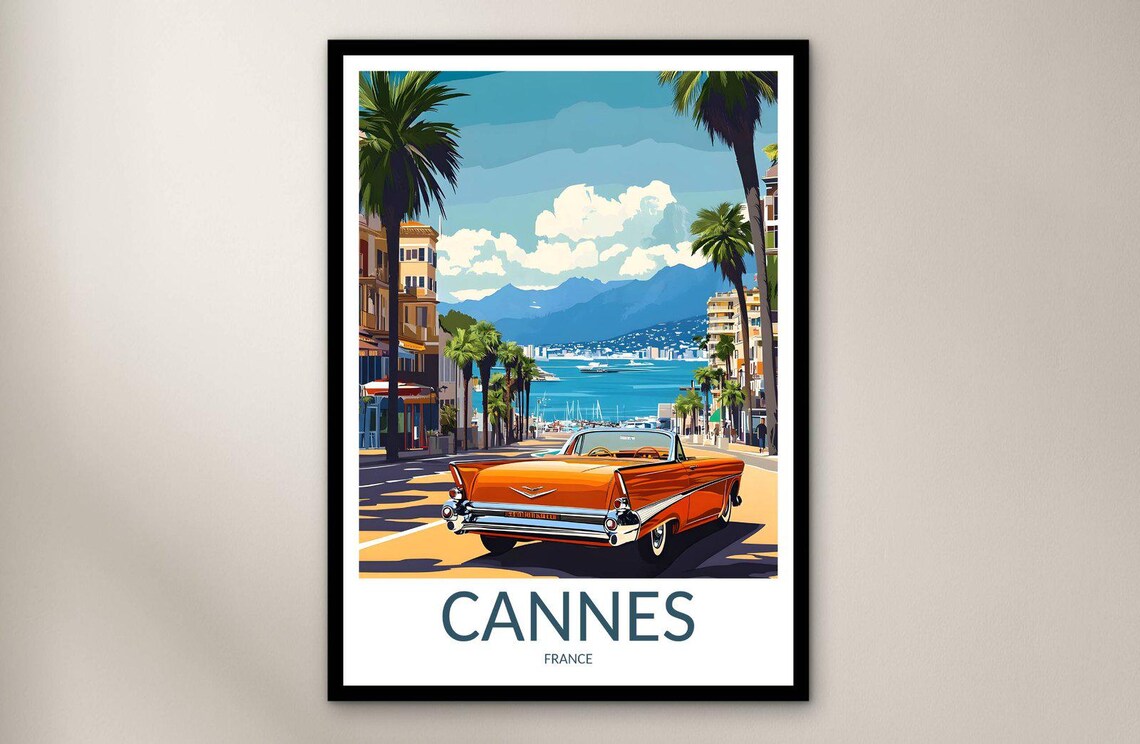 Cannes France Vintage Orange Convertible Seaside Travel Poster - Image 4