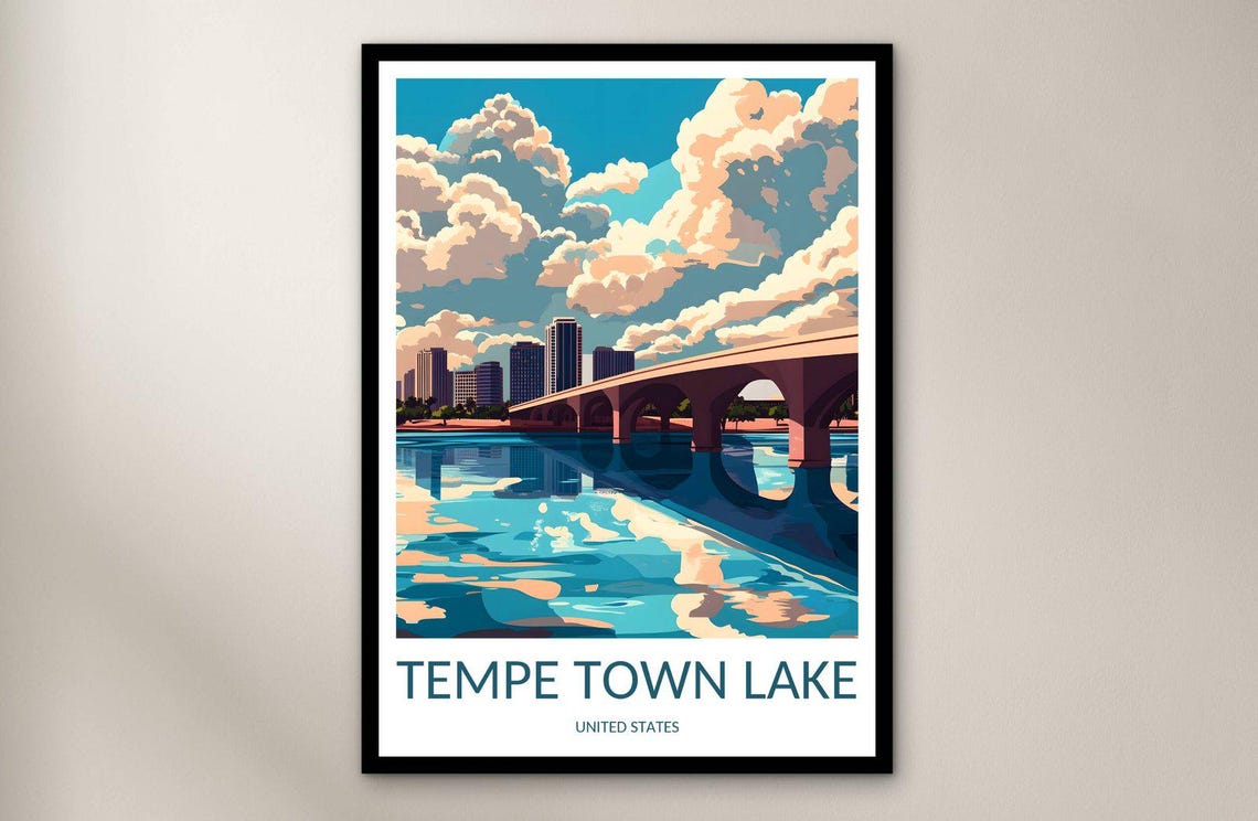 Tempe Town Lake Arizona Bridge Sunset Water Reflection Travel Poster