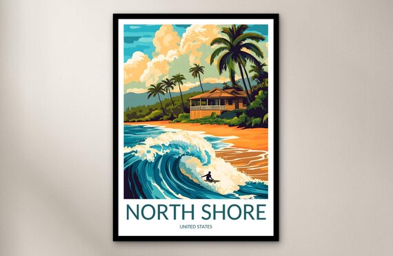 North Shore Surfing Wave Palm Trees Beach Cottage Travel Poster