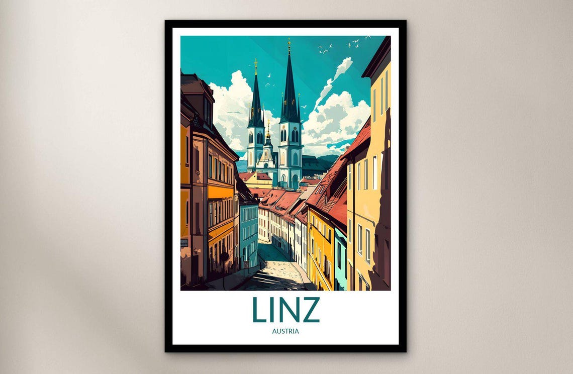 Linz Austria Old Town Cathedral Twin Spires Retro Travel Poster