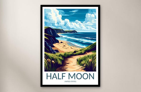 Half Moon State Beach Travel Poster Wall Art Print United States Home Decor Gift North America Illustration