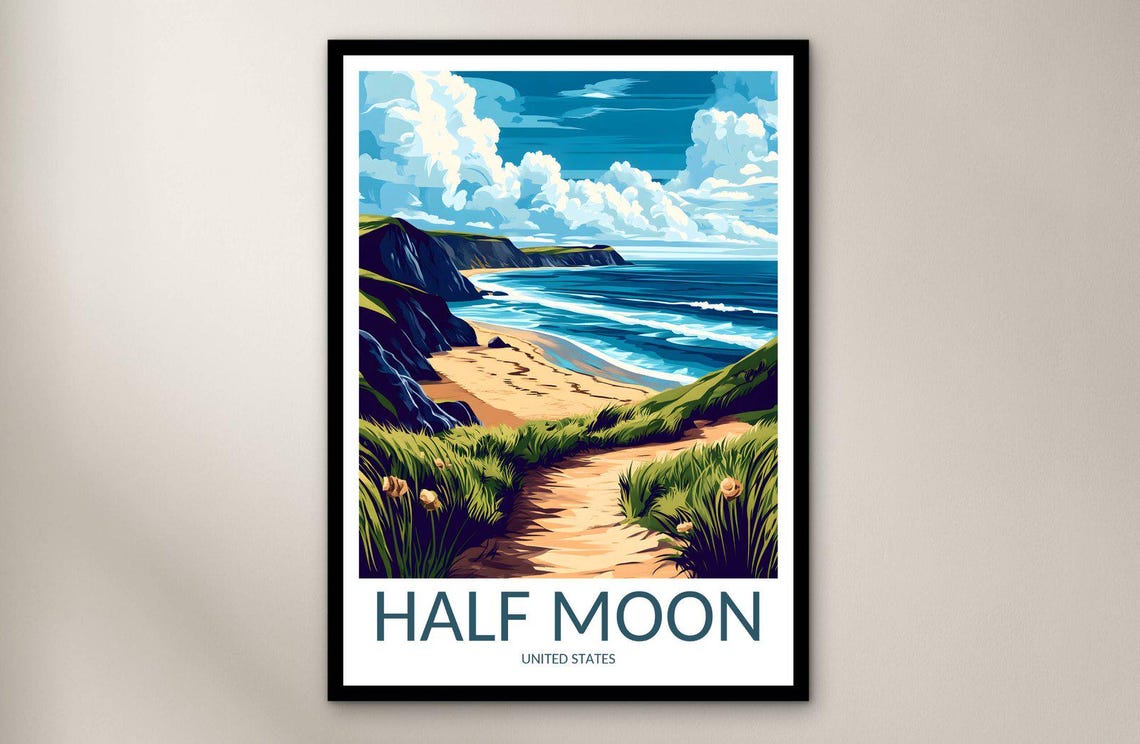 Half Moon California Beach Coastal Path Cliffs Travel Poster