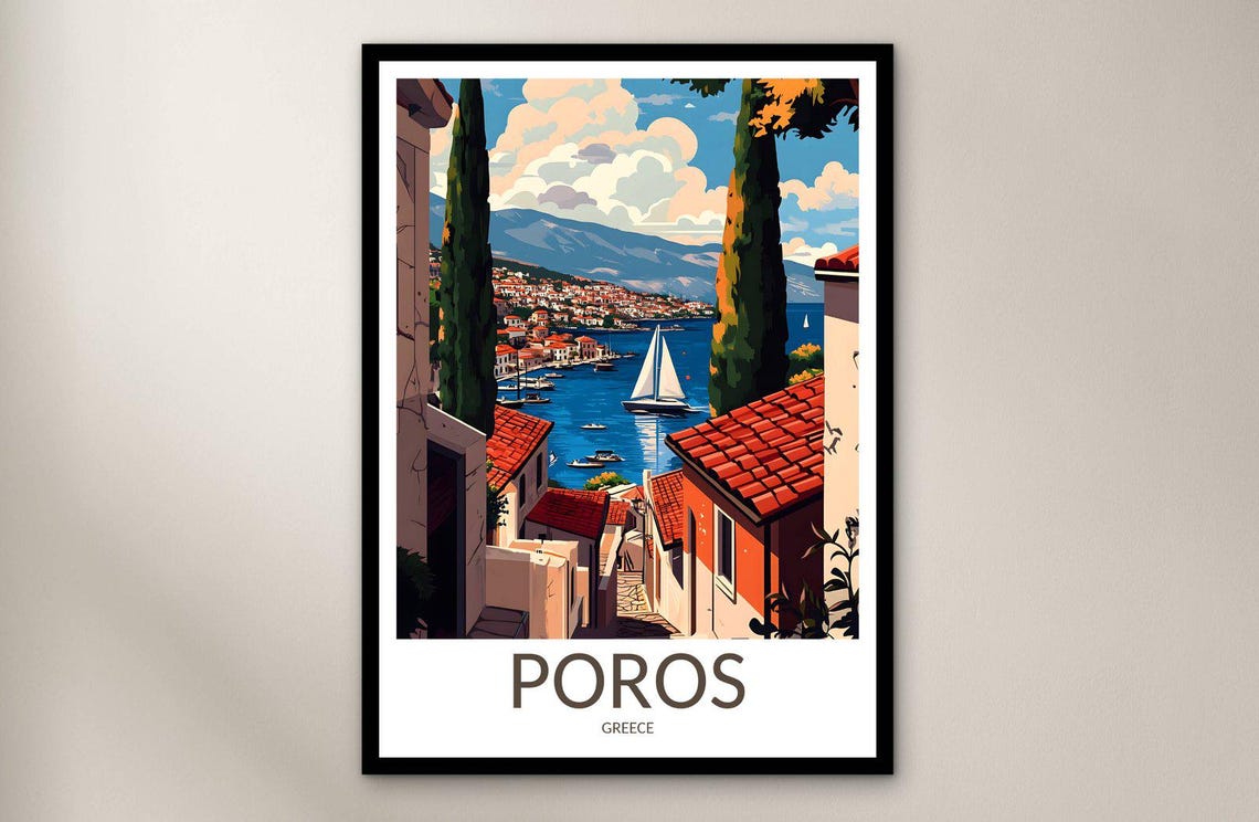 Poros Harbor Sailboat Red Rooftops Greece Vintage Travel Poster