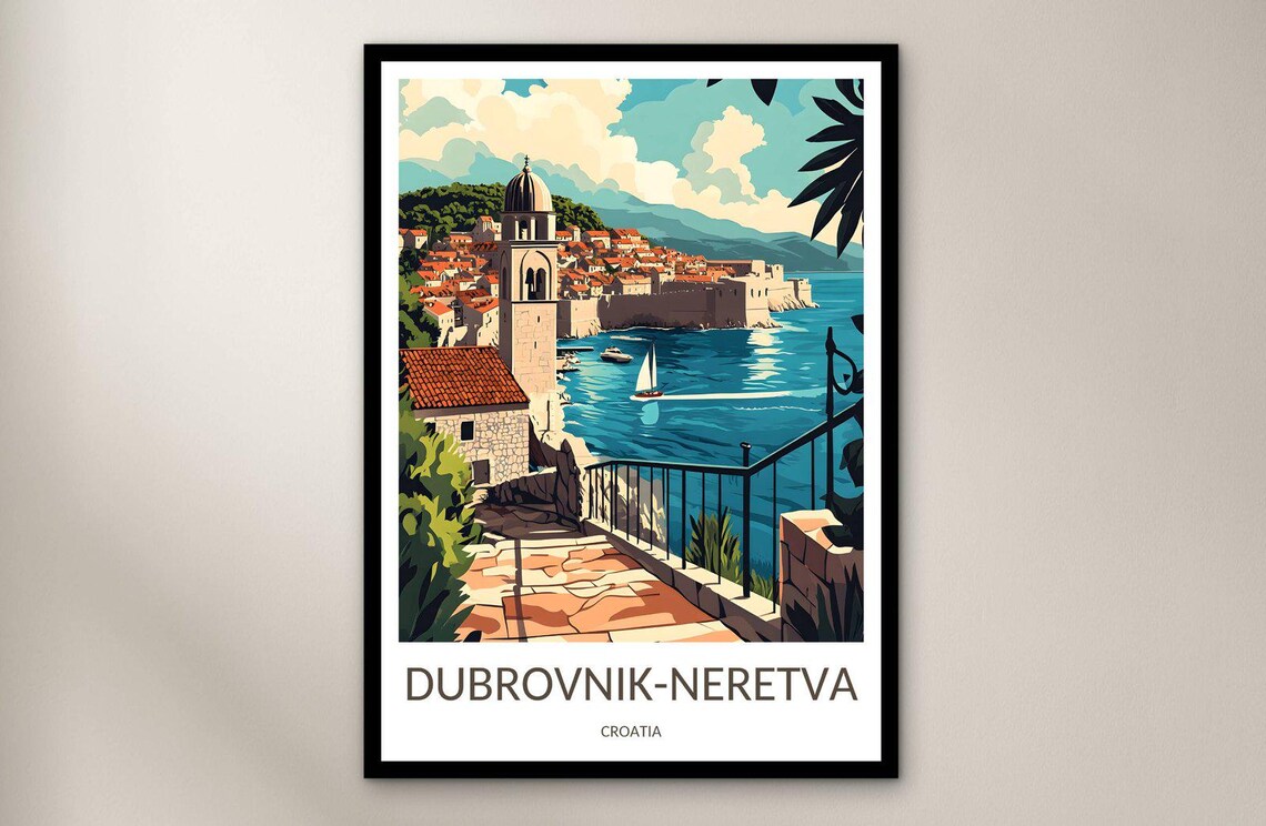Dubrovnik Neretva Old Town Walls Sailboat Vintage Travel Poster