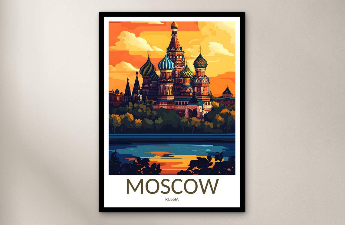Moscow St Basils Cathedral Sunset River Vintage Travel Poster
