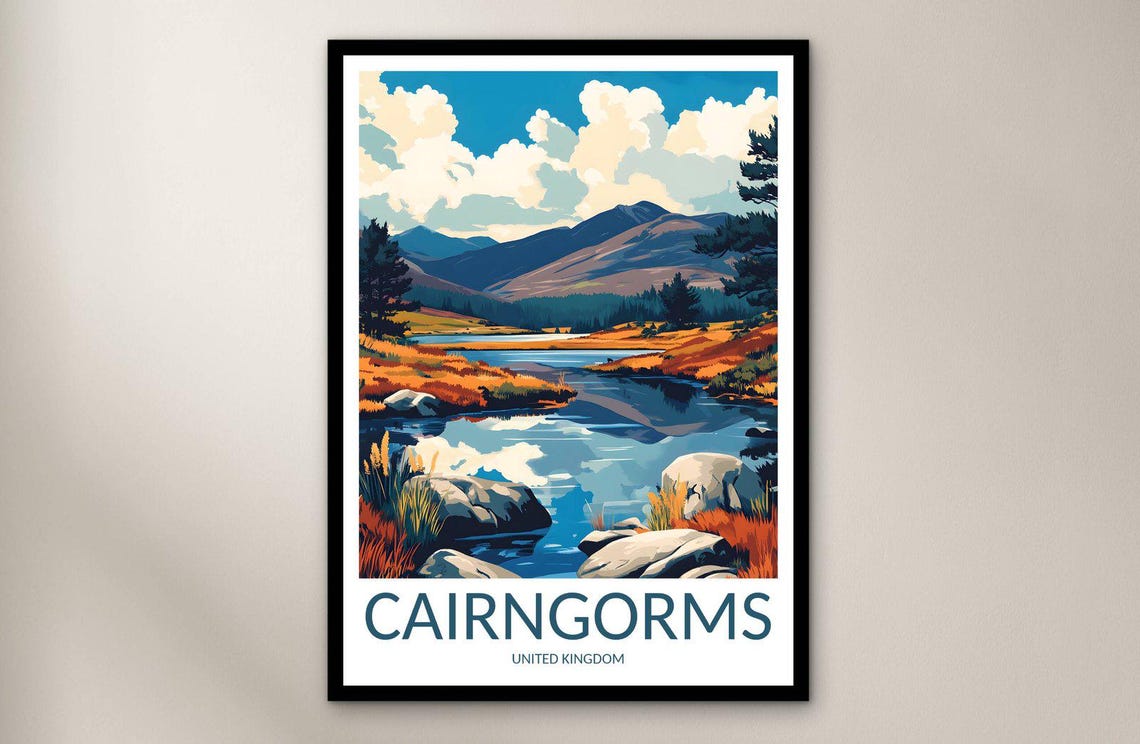 Cairngorms Scotland Highland Mountain Lake Autumn Travel Poster
