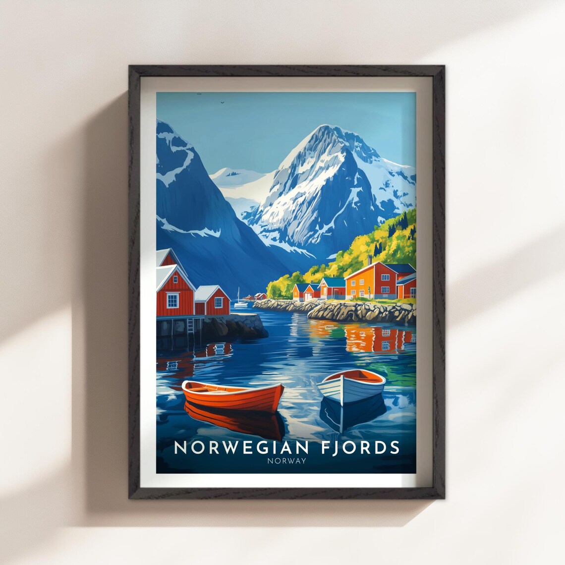 Norwegian Fjords Norway Red Cabins Snow Capped Peak Travel Poster