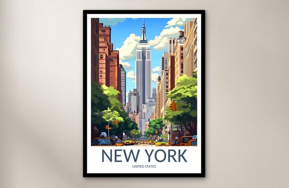 New York Street View Empire State Building Yellow Taxis Travel Poster