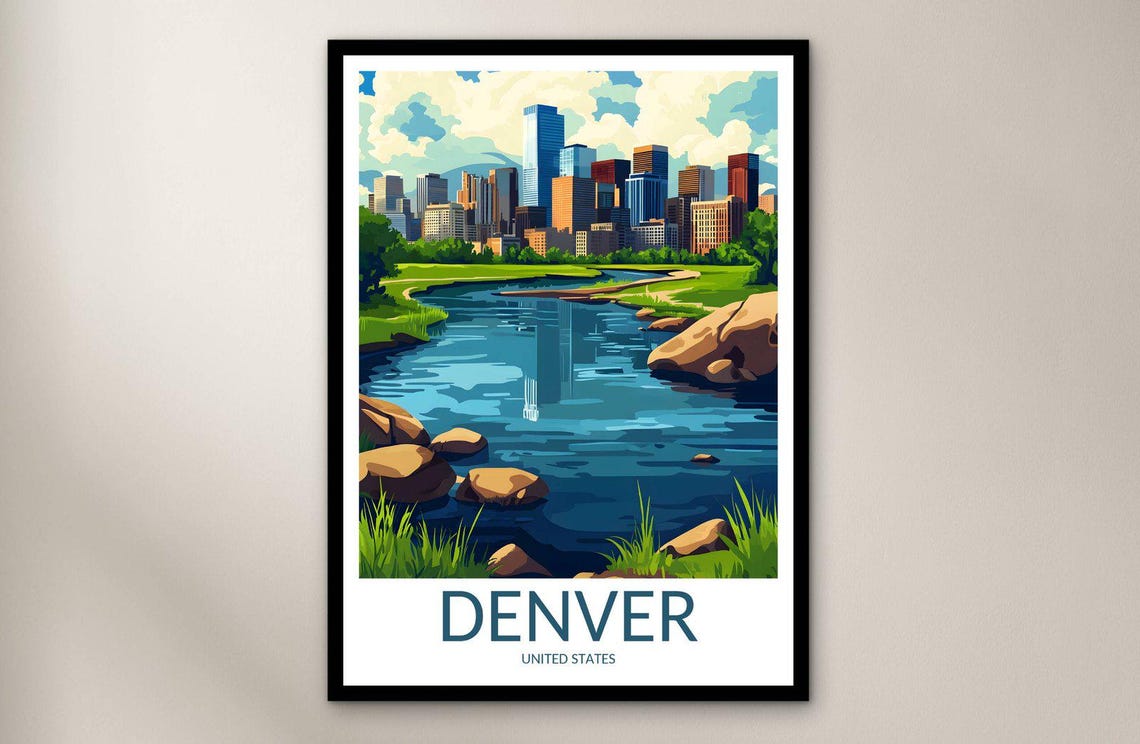 Denver Colorado City Skyline River Rocks Urban Park Green City Poster