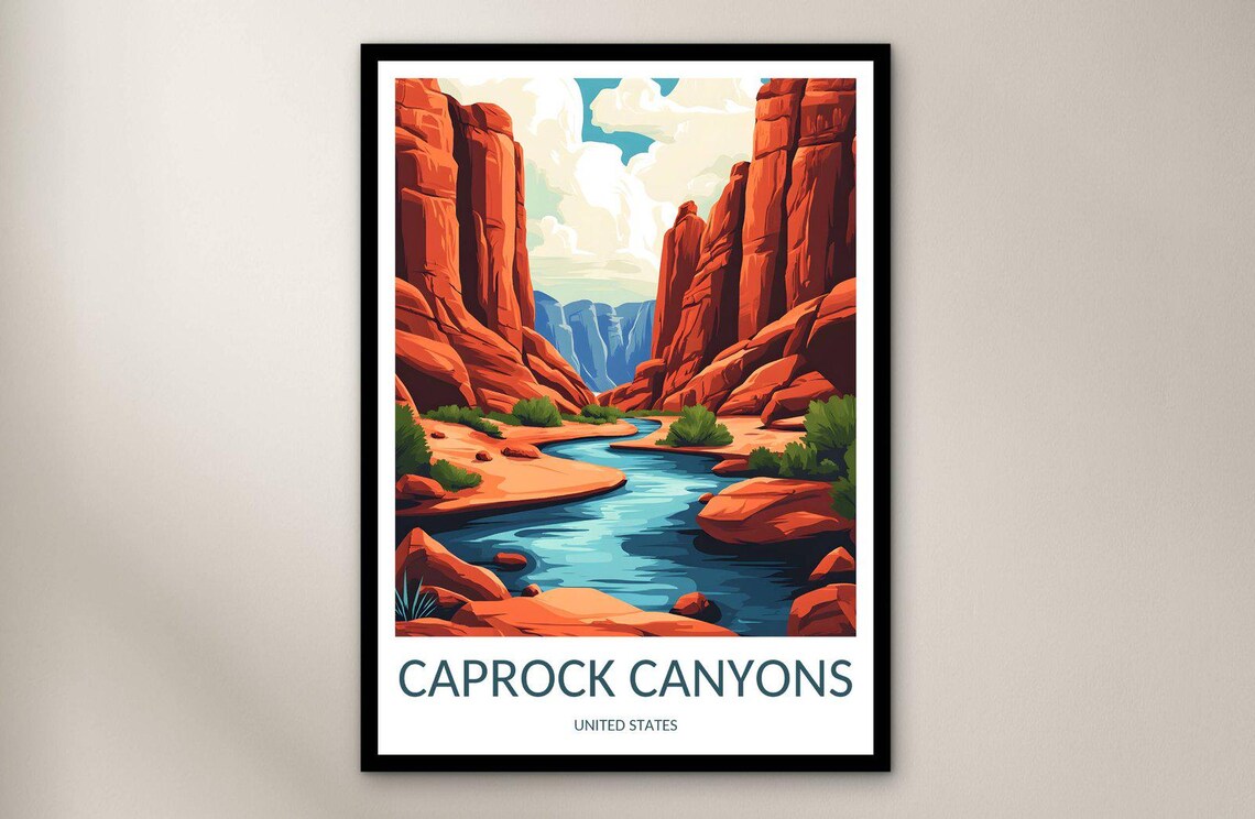 Caprock Canyons Texas Red Rock River Canyon Vintage Travel Poster