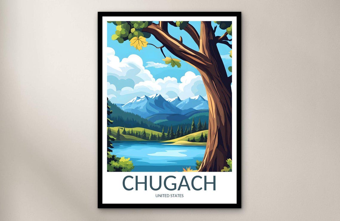 Chugach Alaska Mountains Lakeside Pine Forest Scenic Travel Poster