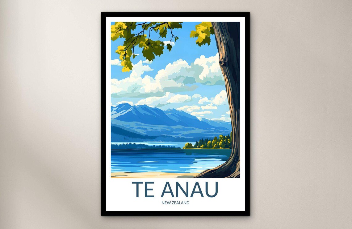 Te Anau New Zealand Lake and Mountain Views Vintage Travel Poster