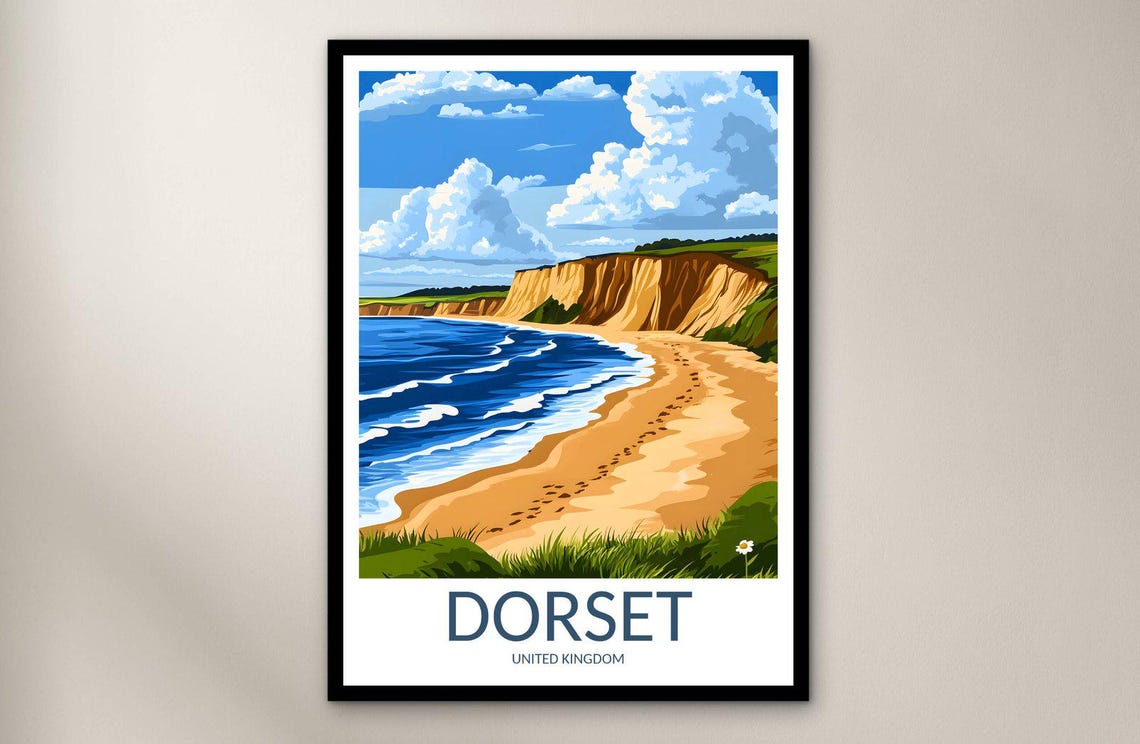Dorset Coastal Cliffs Sandy Beach England Vintage Travel Poster
