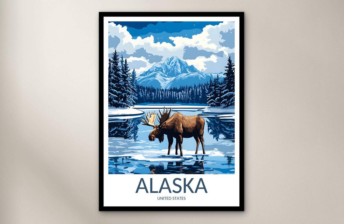 Alaska Moose Drinking Lake Snow Mountain Daylight Travel Poster Art