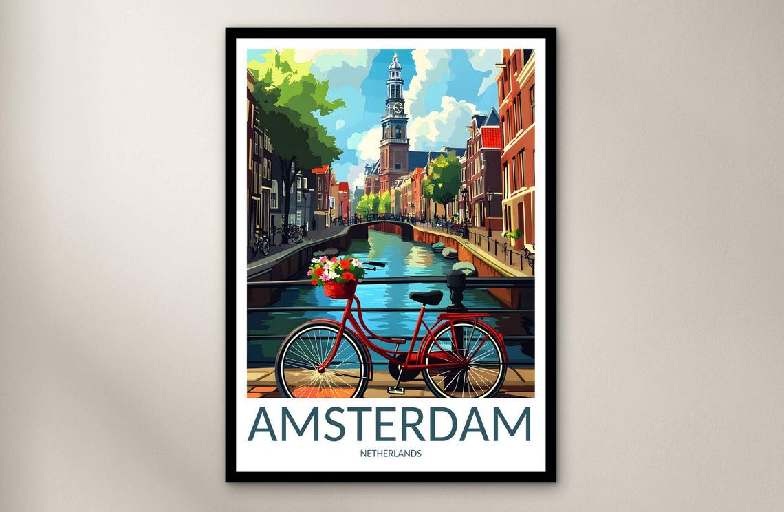 Amsterdam Canal Red Bicycle Church Tower Vintage Travel Poster