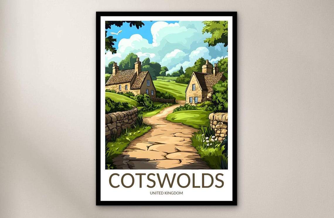 Cotswolds England Stone Cottages Rolling Country Lane Travel Poster