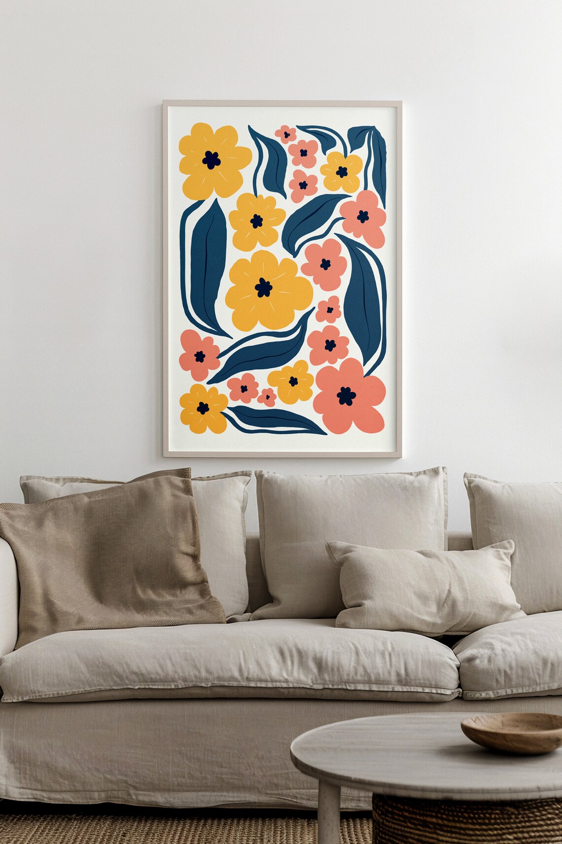 Yellow Coral Flowers Navy Leaves Matisse Style Botanical Art Poster - Image 2