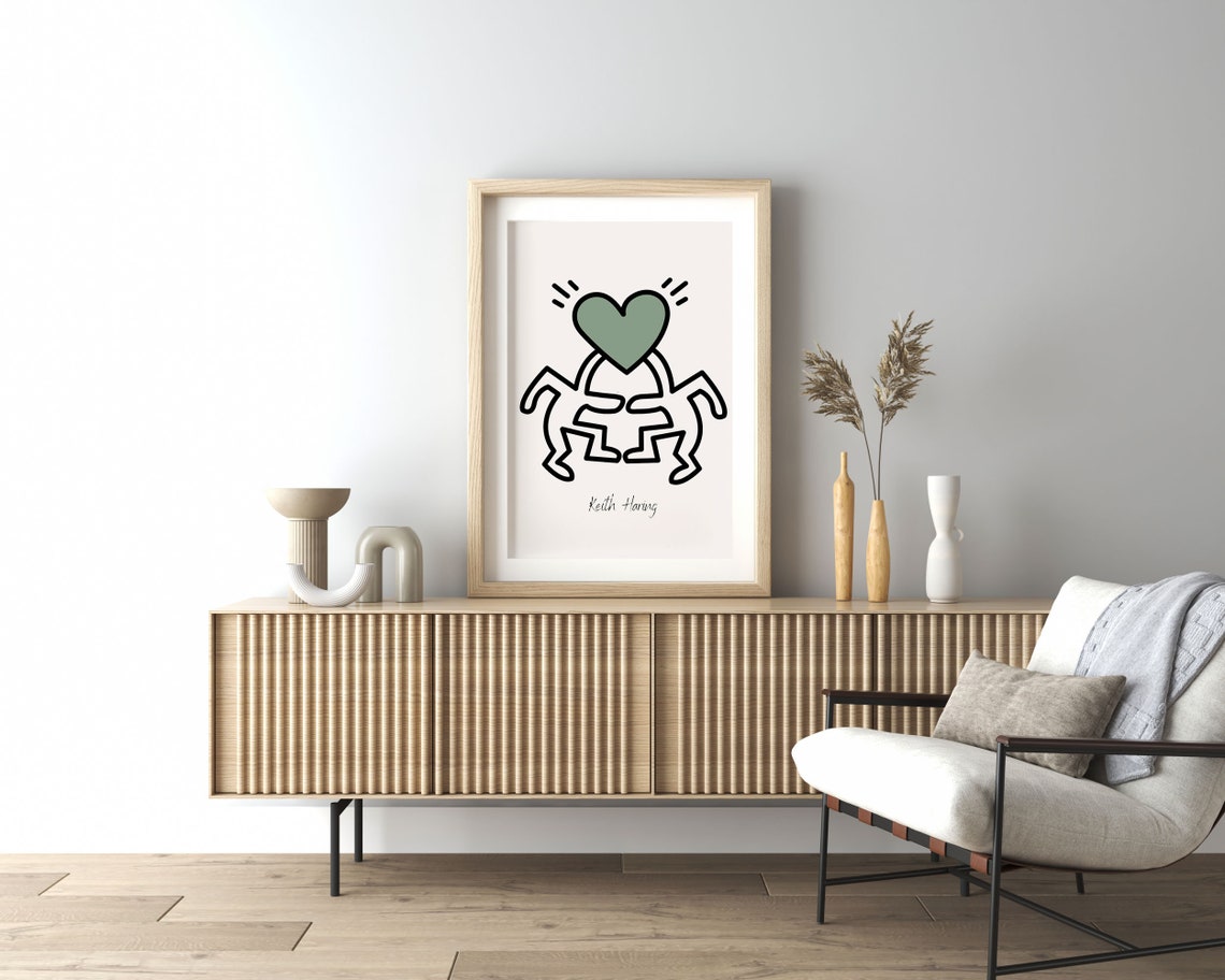 Keith Haring-Style Figures Holding Green Heart Pop Art Poster - Image 2