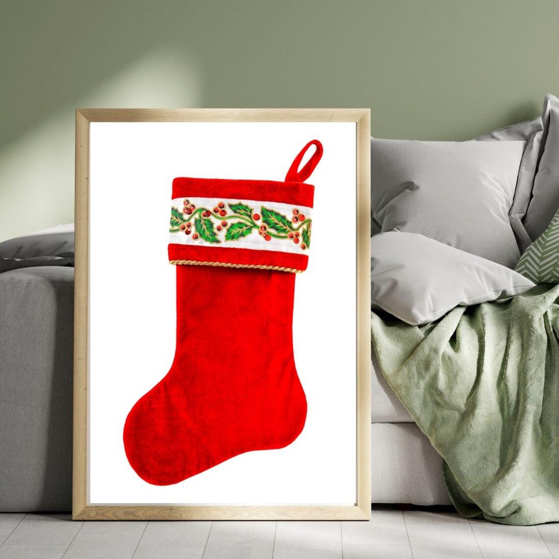Classic Red Velvet Christmas Stocking With Holly Embroidered Cuff Print - Image 3