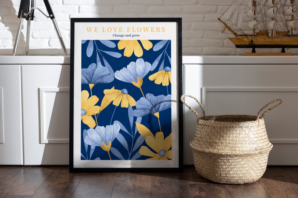 We Love Flowers Poster with Blue and Yellow Daisies on Dark Navy
