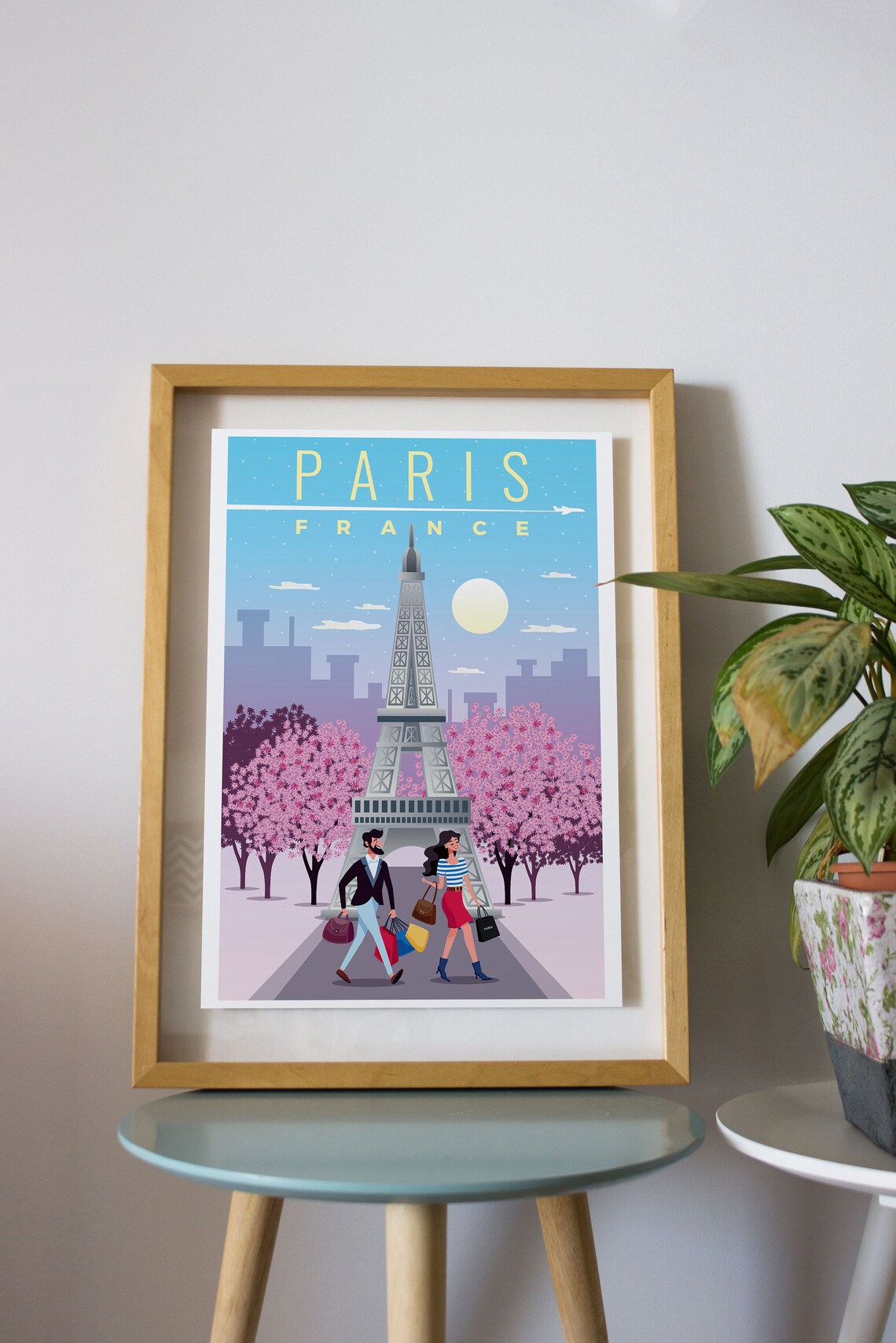 Paris France Eiffel Tower Cherry Blossom Vintage Travel Poster