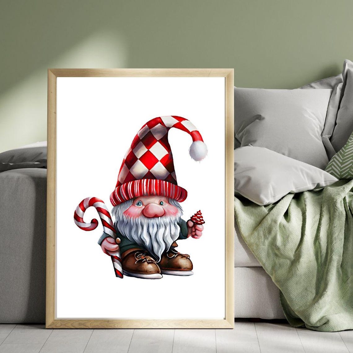 Cute Christmas Gnome With Checkered Hat And Candy Cane Poster - Image 2