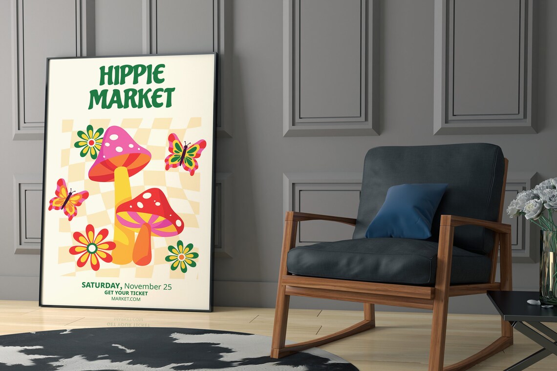 Hippie Market Mushroom Butterfly 70s Retro Festival Art Poster - Image 3