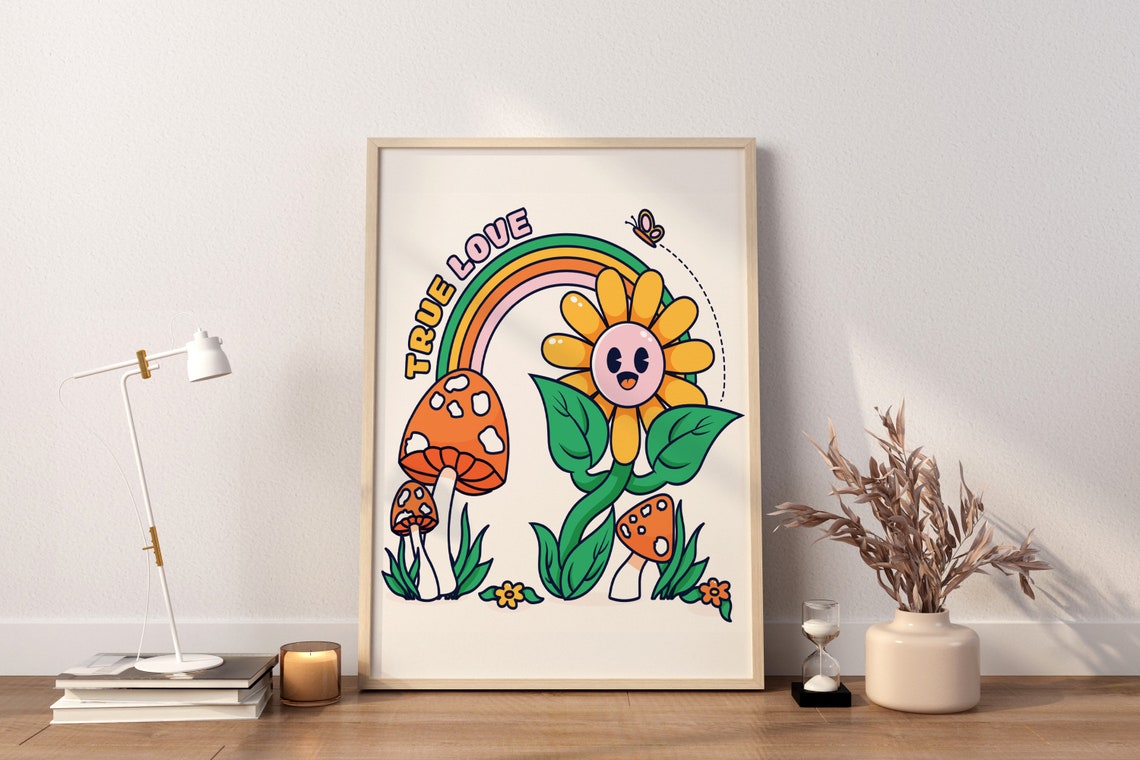True Love Retro Flower Rainbow Mushroom Cute Quote Art Poster