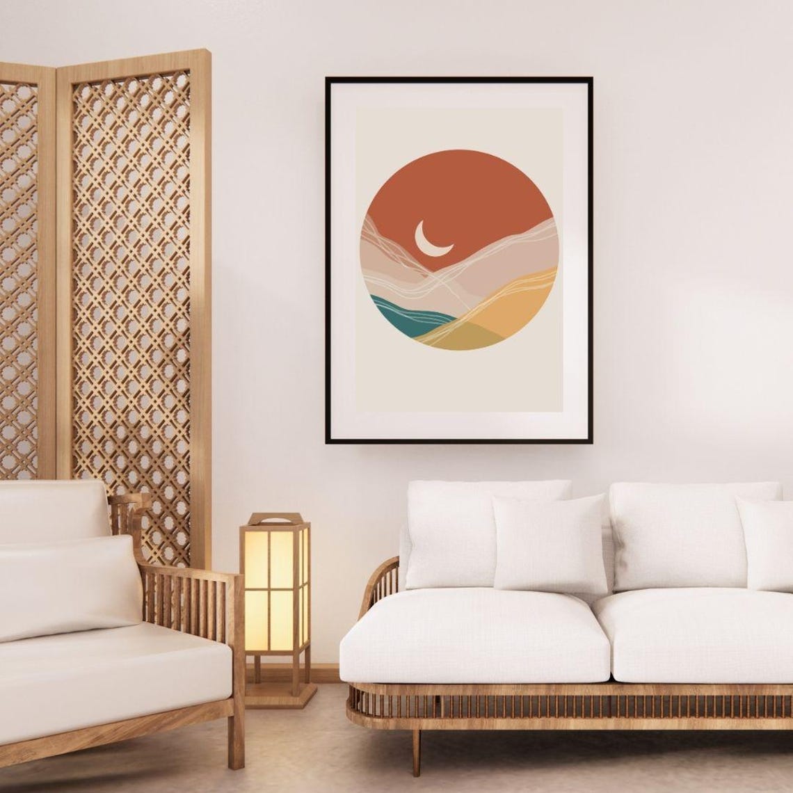 Boho Terracotta Sunset Crescent Moon Circle Landscape Art Poster - Image 2