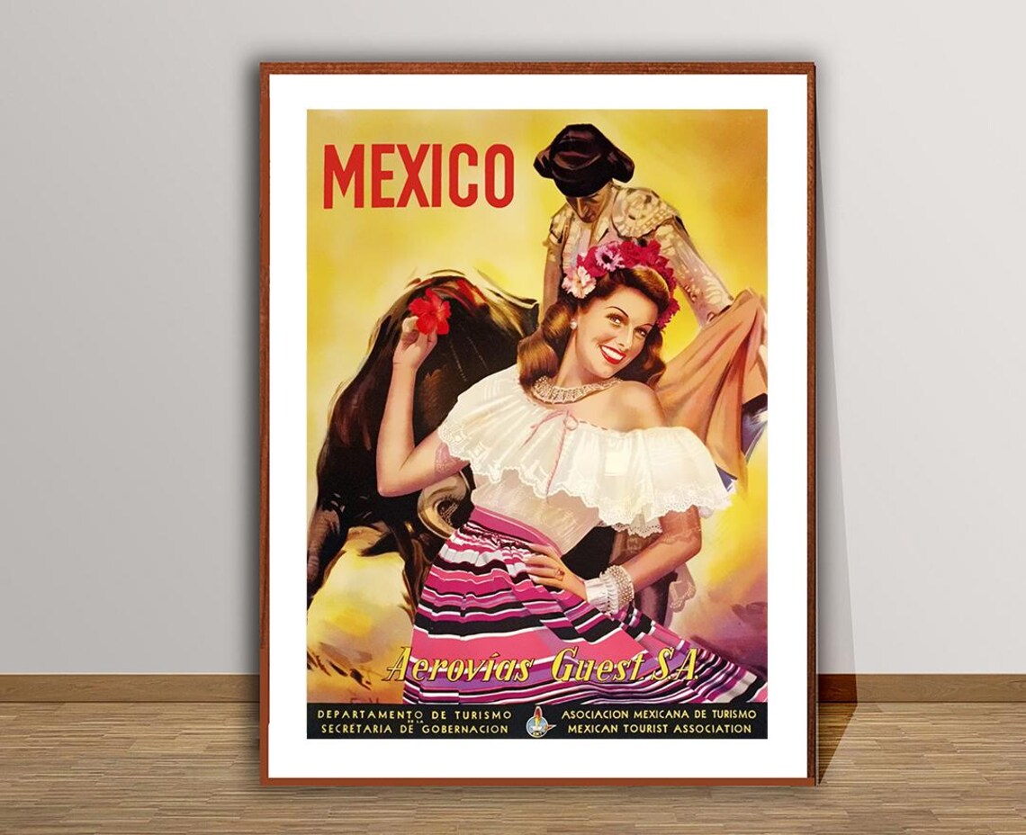 Mexico Aerovias Guest Airline Fiesta Dancer Vintage Travel Poster