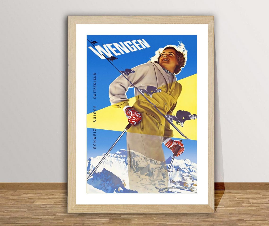 Wengen Switzerland Classic Woman Skier Vintage Alpine Ski Poster