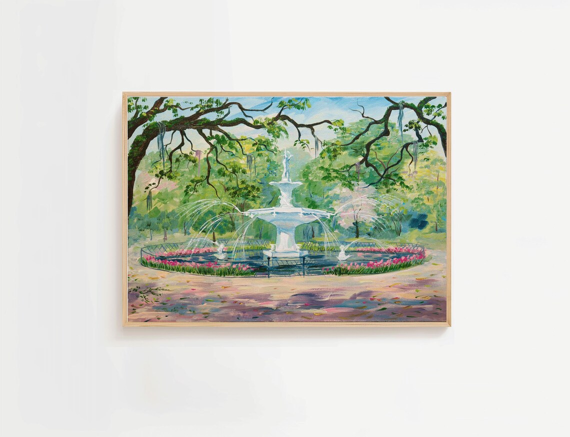 Historic Park Fountain with Live Oaks Impressionist Watercolor Art Poster