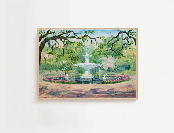 Historic Park Fountain with Live Oaks Impressionist Watercolor Art Poster