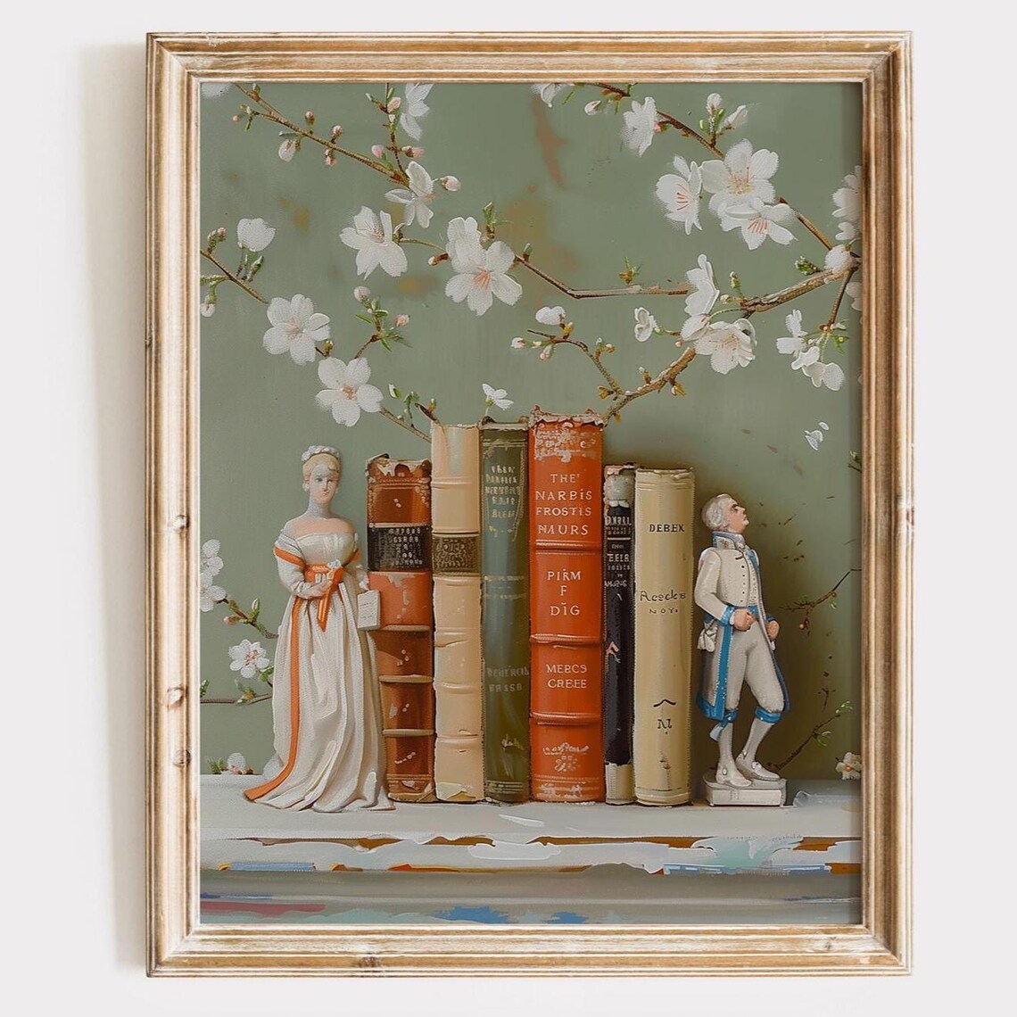 Porcelain Figurines Vintage Books and Cherry Blossom Art Poster