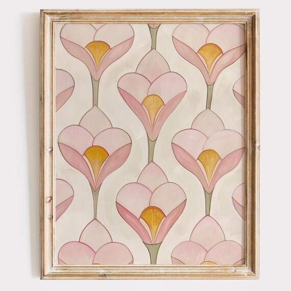 Art Deco Pink Floral Pattern Retro Botanical Elegant Motif Poster