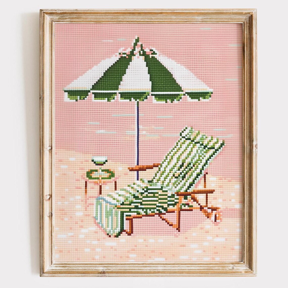 Beach Umbrella And Chair Cross Stitch Pink Coastal Decor Art Poster