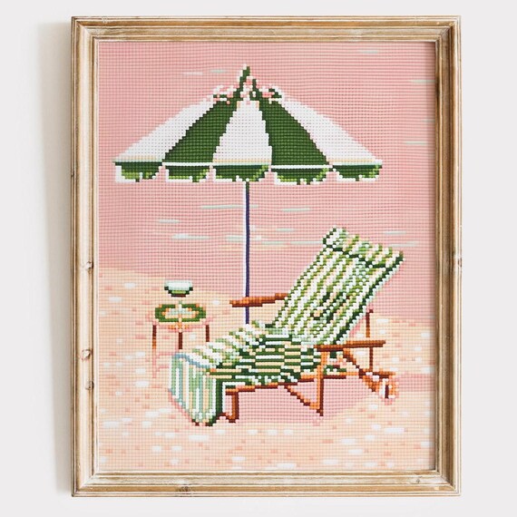 Beach Umbrella And Chair Cross Stitch Pink Coastal Decor Art Poster