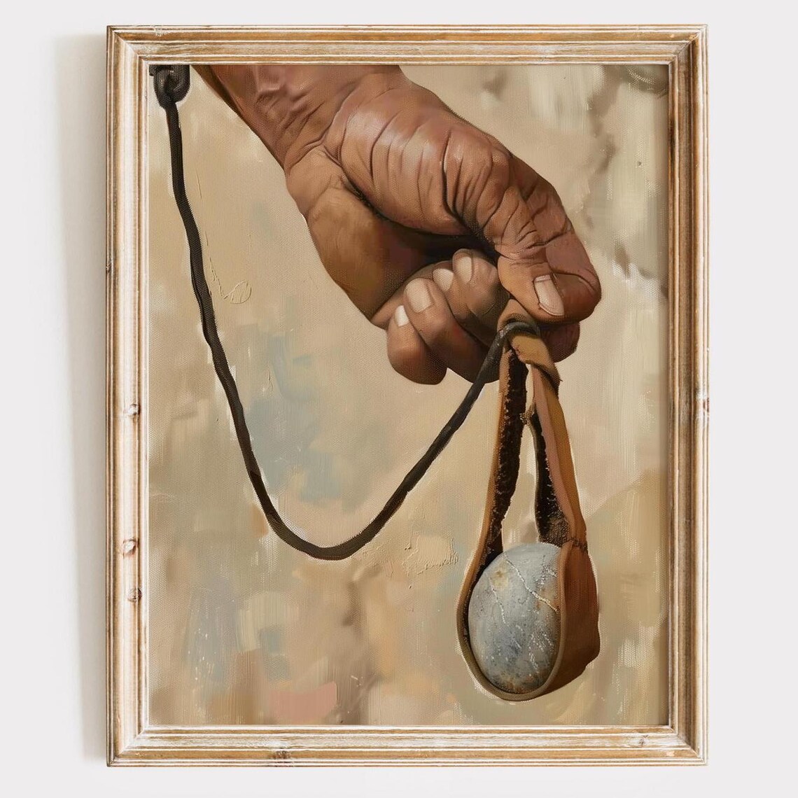 David's Sling and Stone Biblical Oil Painting Hand Holding Slingshot Poster