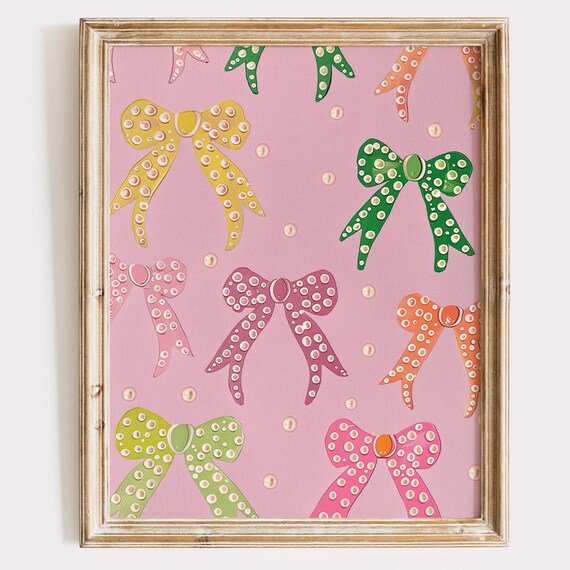 Pink Pearl Dotted Ribbon Bows Coquette Girly Room Decor Pattern Poster