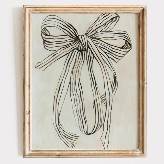 Black and White Striped Bow Line Art Coquette Wall Decor Poster