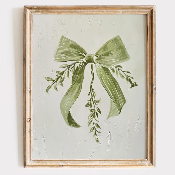 Green Coquette Bow Print Whimsical Botanical Wall Art