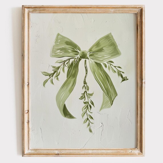 Olive Green Bow With Leafy Vines Botanical Watercolor Art Poster