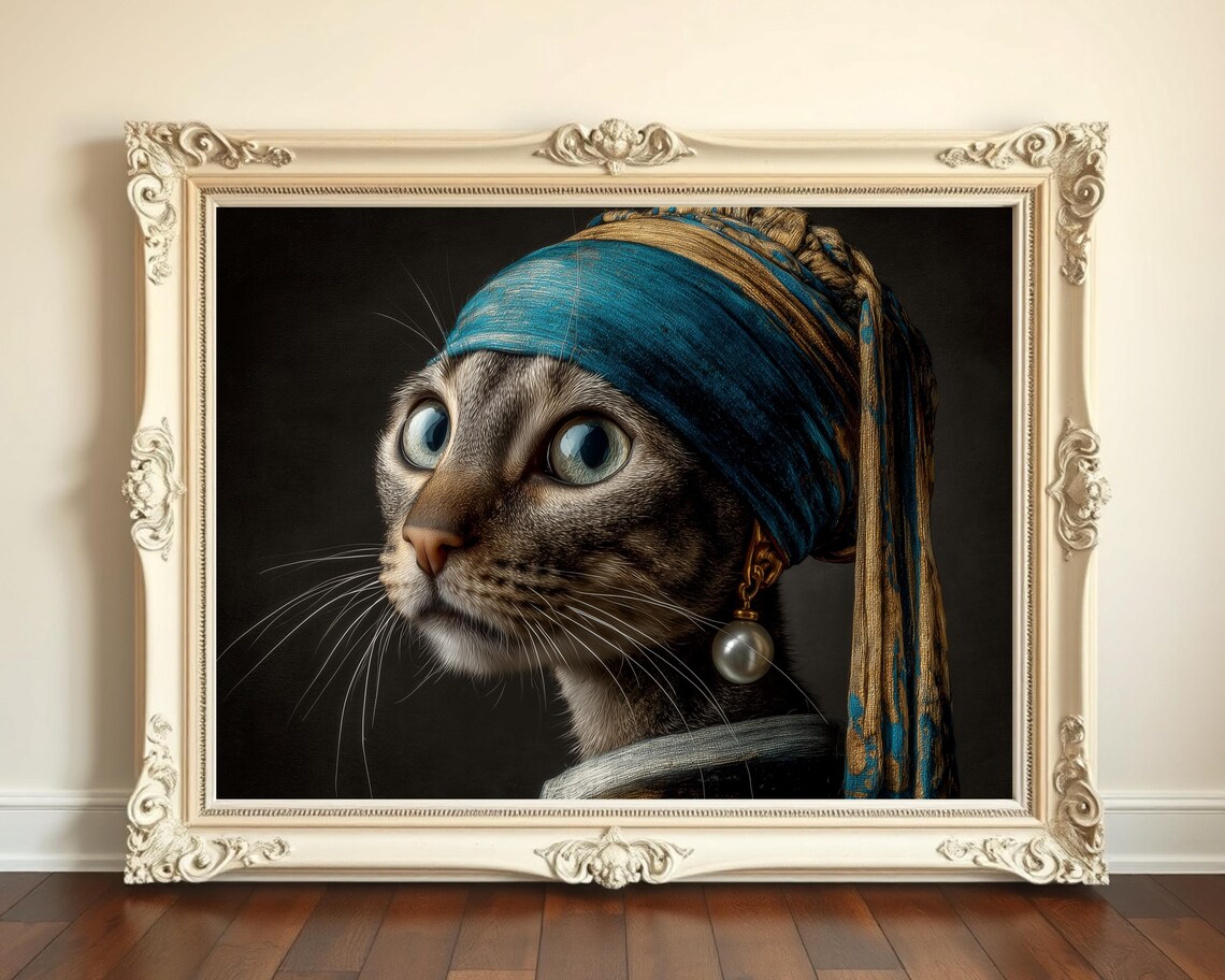 Girl With a Pearl Earring Cat Parody Vermeer Funny Portrait Poster