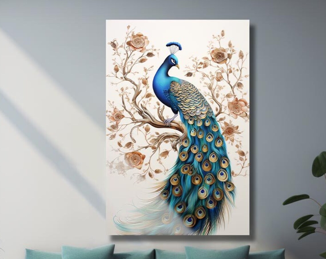 Elegant Peacock Branch Golden Flowers Cream Bird Feather Art Poster