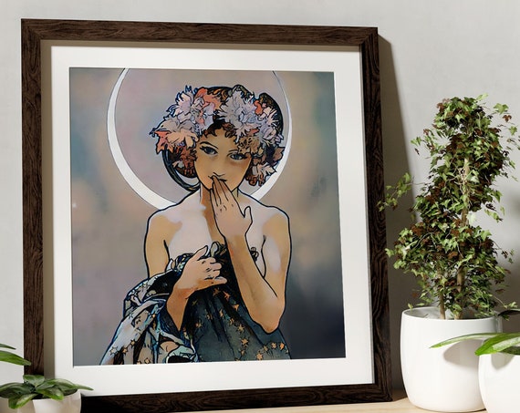 Mucha Moon Goddess, Art Nouveau Square Moon Poster
