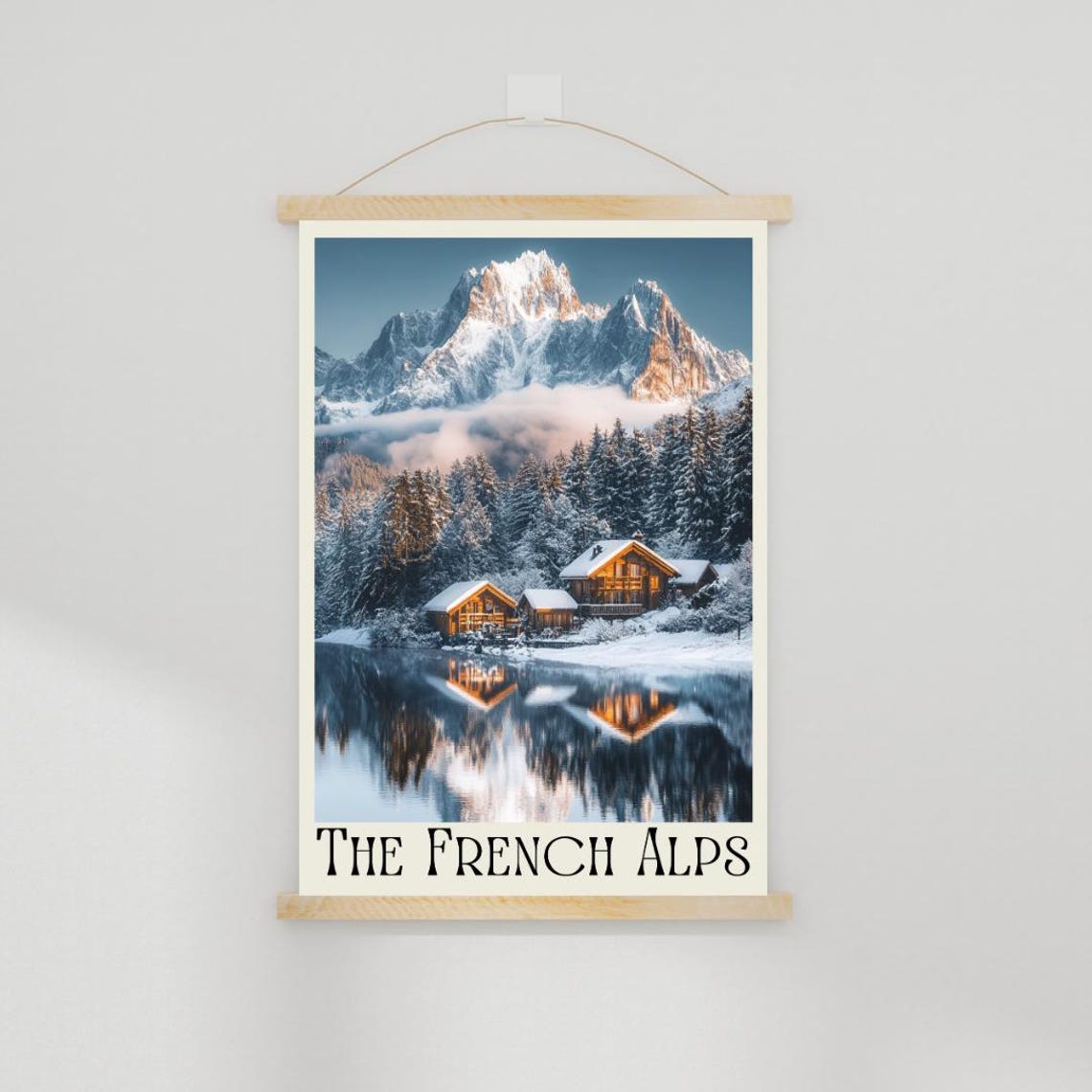 The French Alps Poster with Snow Cabins Reflected in a Mirror Lake - Image 2