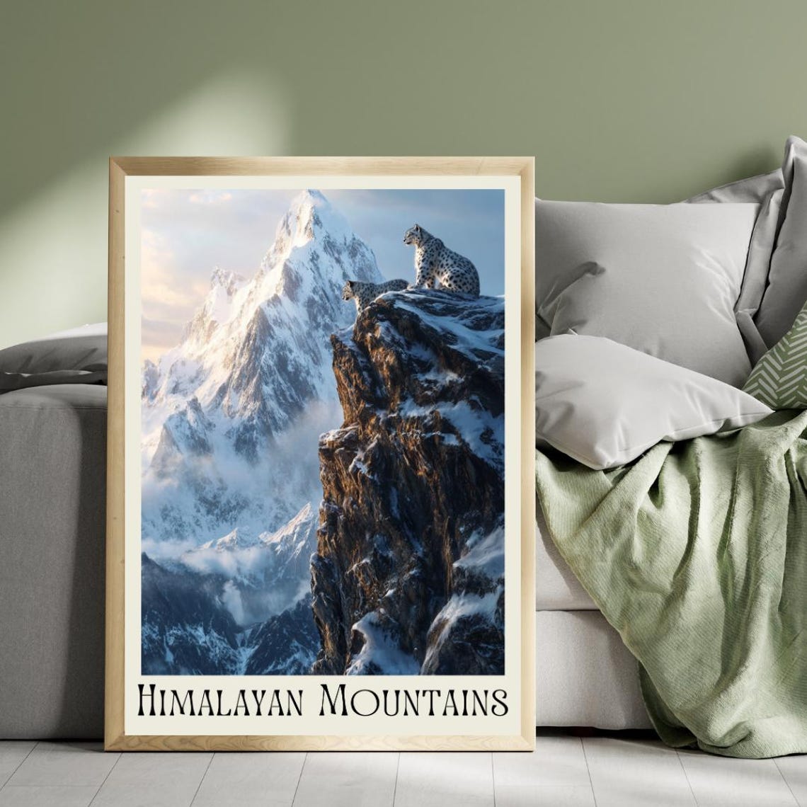 Himalayan Mountains Poster with Snow Leopards on a Rocky Cliff