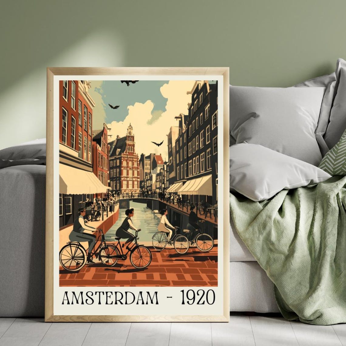 Amsterdam 1920 Poster with Canal Cyclists and Brick Buildings