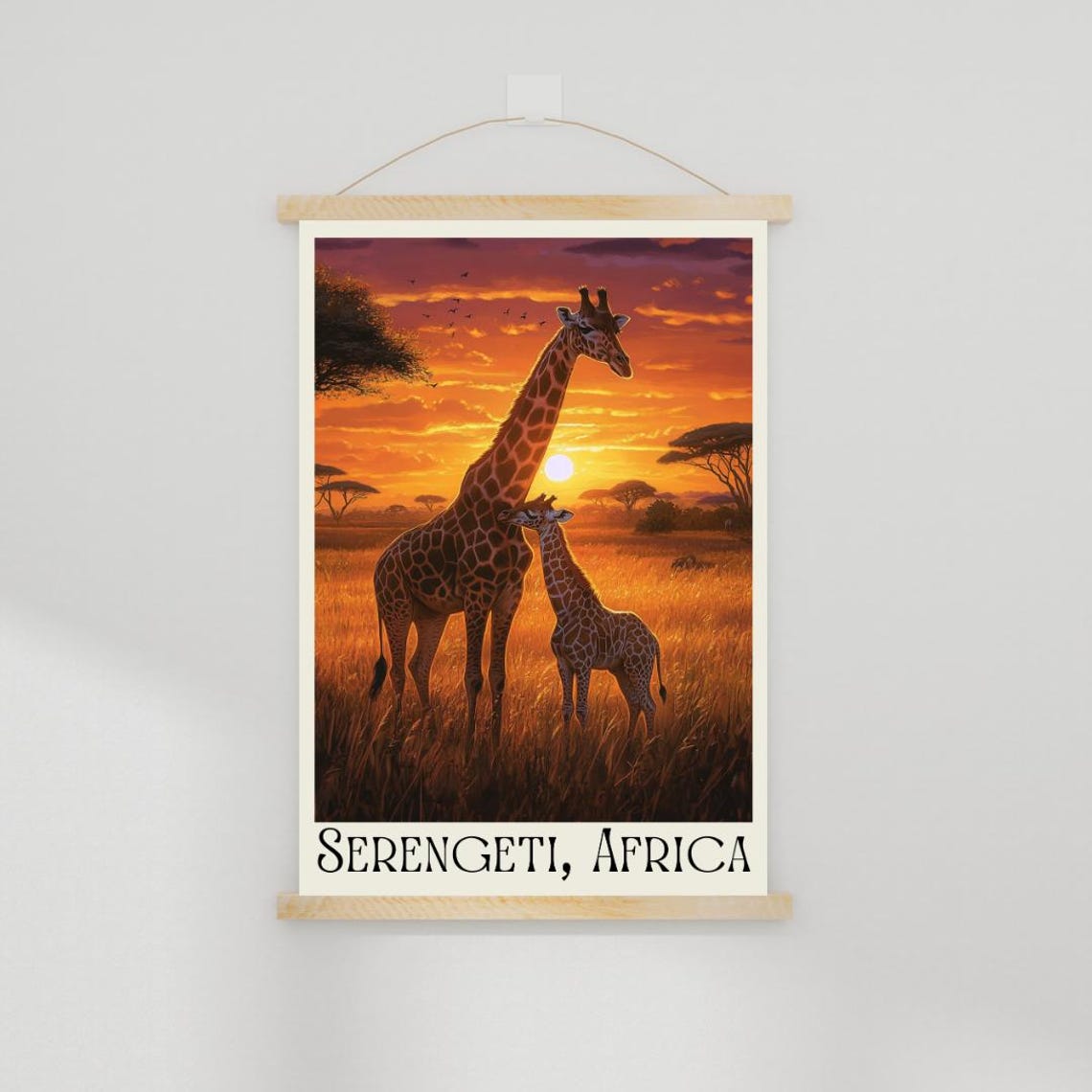 Serengeti Africa Poster with Giraffe Mother and Calf at Sunset - Image 2