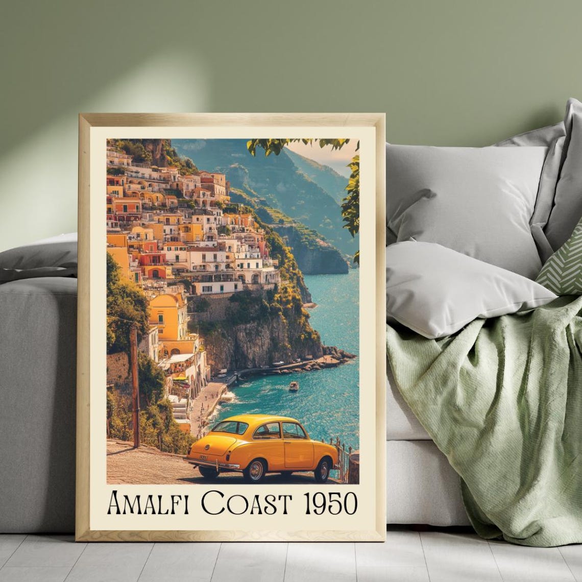 Amalfi Coast 1950 Poster with Yellow Vintage Car and Cliffside Town